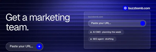 X header for BuzzBomb: "Get a marketing team." Agentic glass style, bottom layout, dark palette in black, blue.