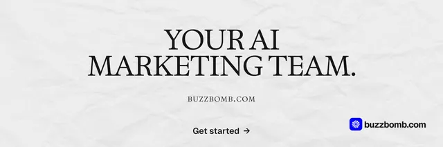 X header for BuzzBomb: "Your AI marketing team." Swiss style, smallcaps layout, light palette in white, grey.