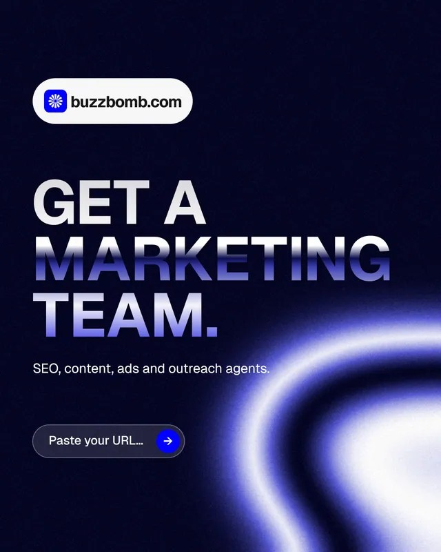 Instagram portrait post for BuzzBomb: "Get a marketing team." Agentic glass style, announce layout, dark palette in black, blue.