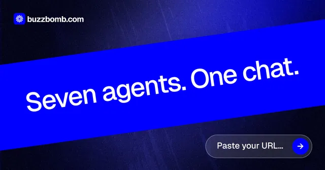 Social ad for BuzzBomb: "Seven agents. One chat." Agentic glass style, diagonal layout, dark palette in blue.