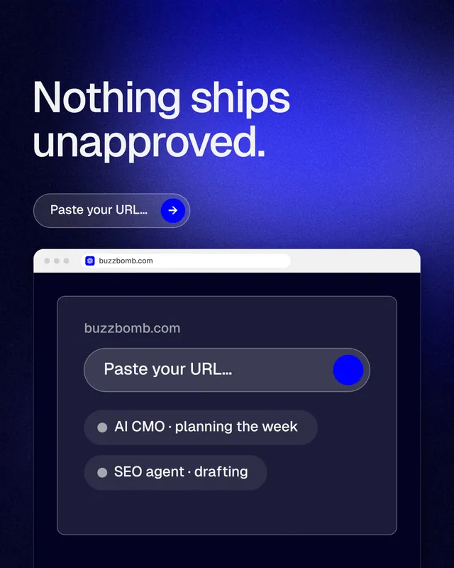 Instagram portrait post for BuzzBomb: "Nothing ships unapproved." Agentic glass style, browser layout, dark palette in black, blue.
