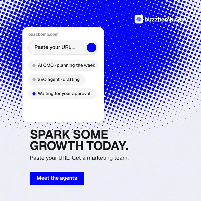 Instagram post for BuzzBomb: "Spark some growth today." Swiss style, skeleton layout, light palette in white, blue.