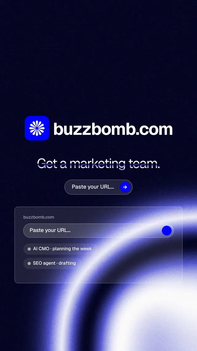 Instagram story for BuzzBomb: "Get a marketing team." Agentic glass style, logo hero layout, dark palette in black, blue.