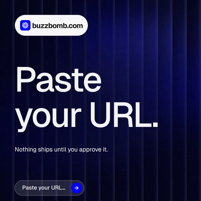 Instagram post for BuzzBomb: "Paste your URL." Agentic glass style, announce layout, dark palette in black, blue, grey.