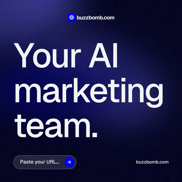 Instagram post for BuzzBomb: "Your AI marketing team." Agentic glass style, poster layout, dark palette in black, blue, grey.