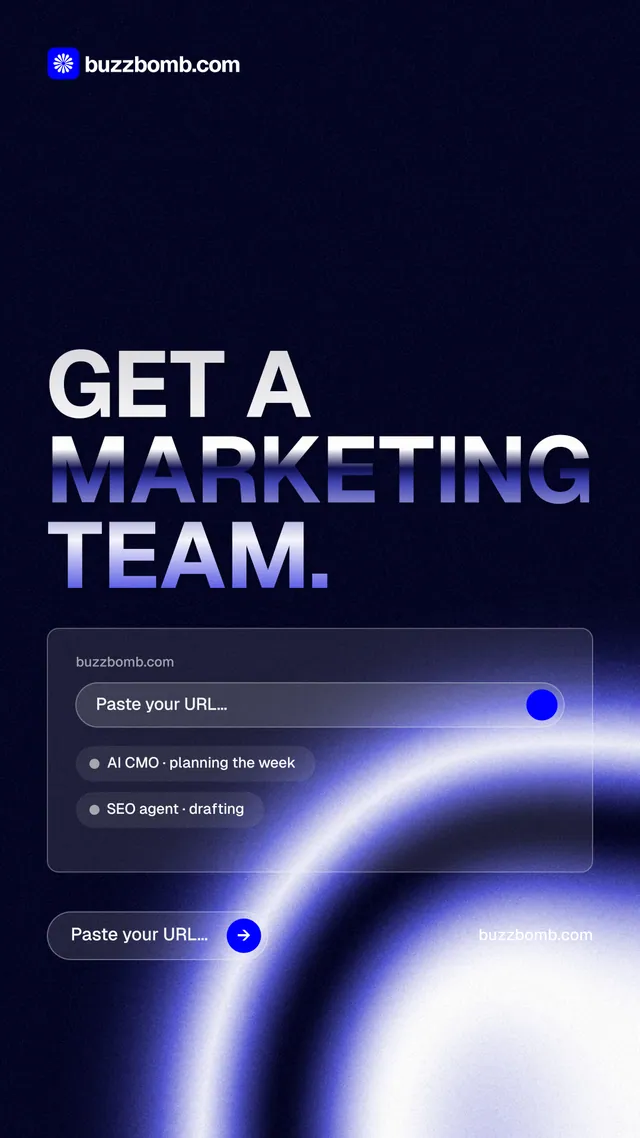 Instagram story for BuzzBomb: "Get a marketing team." Agentic glass style, poster layout, dark palette in black, blue.