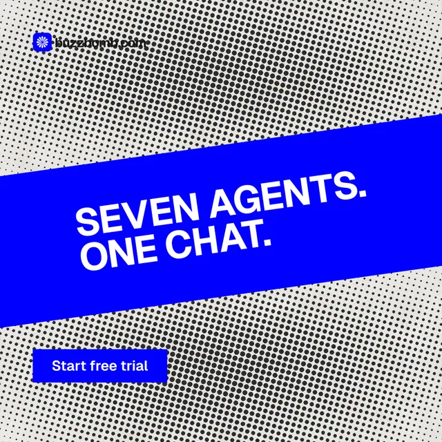 Instagram post for BuzzBomb: "Seven agents. One chat." Swiss style, diagonal layout, light palette in grey, blue.