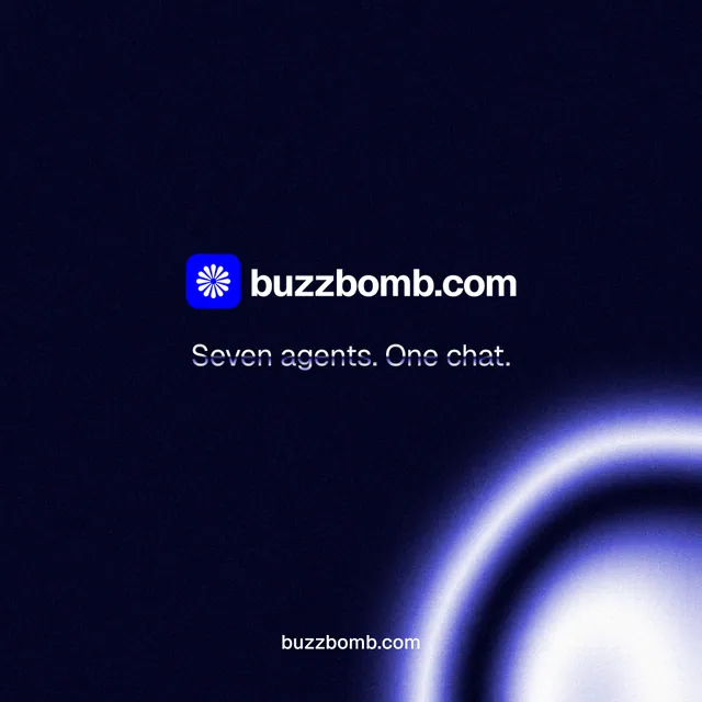 Instagram post for BuzzBomb: "Seven agents. One chat." Agentic glass style, end card layout, dark palette in black, blue.