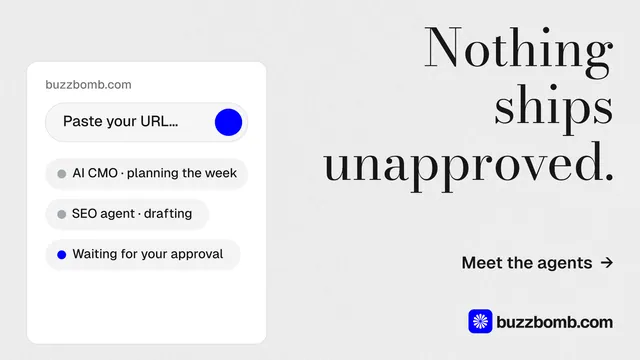 Landscape graphic for BuzzBomb: "Nothing ships unapproved." Minimal luxury style, right layout, light palette in white.