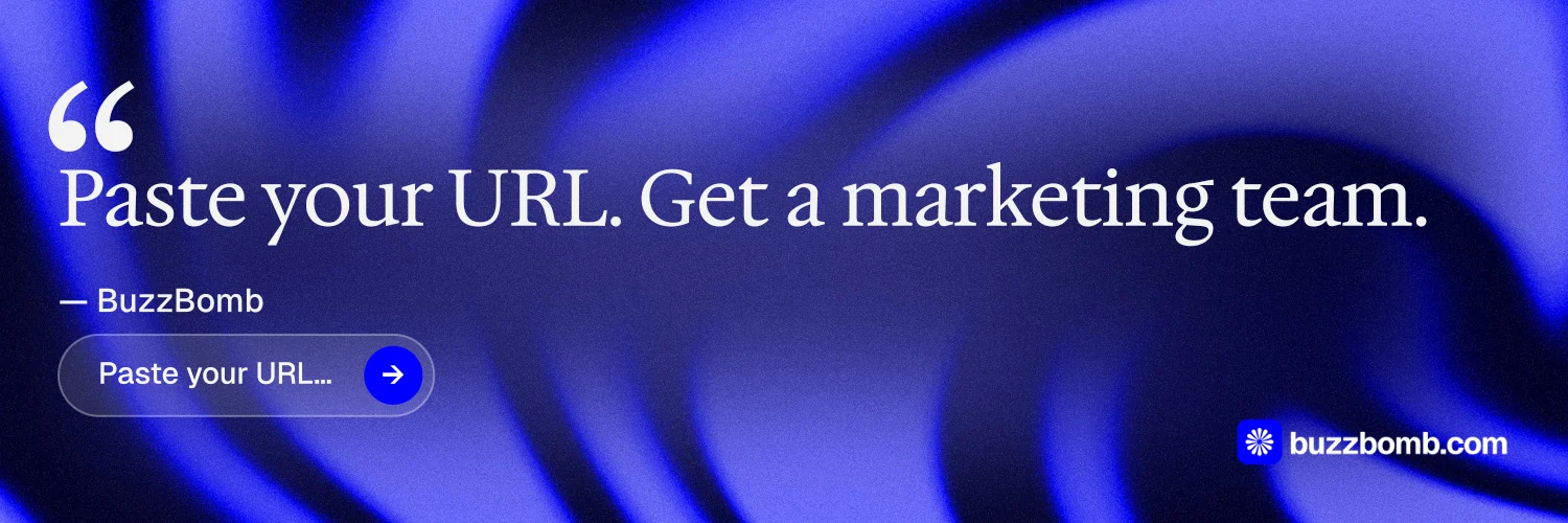X header for BuzzBomb: "Your AI marketing team." Agentic glass style, quote layout, dark palette in blue.
