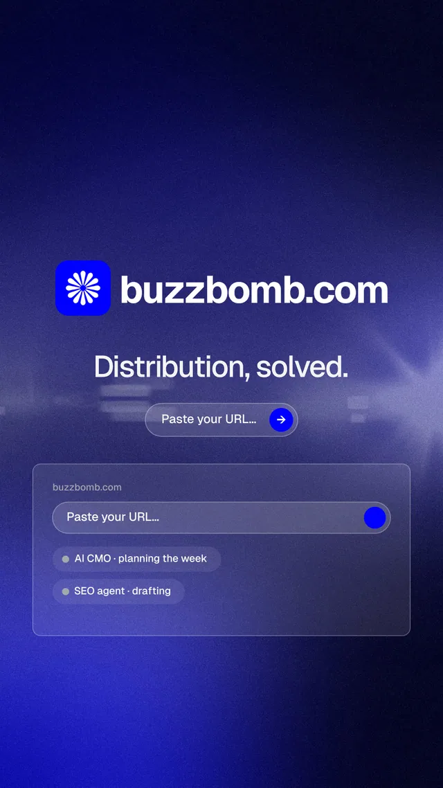 Instagram story for BuzzBomb: "Distribution, solved." Agentic glass style, logo hero layout, dark palette in black, blue.
