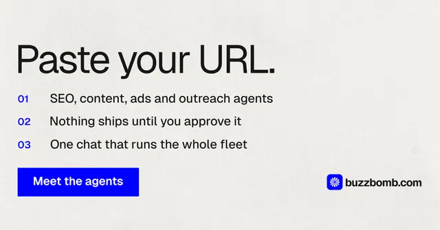 Social ad for BuzzBomb: "Paste your URL." Swiss style, numbered layout, light palette in white, blue.