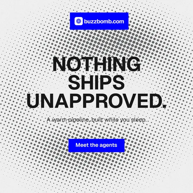 Instagram post for BuzzBomb: "Nothing ships unapproved." Swiss style, centred layout, light palette in white, blue.