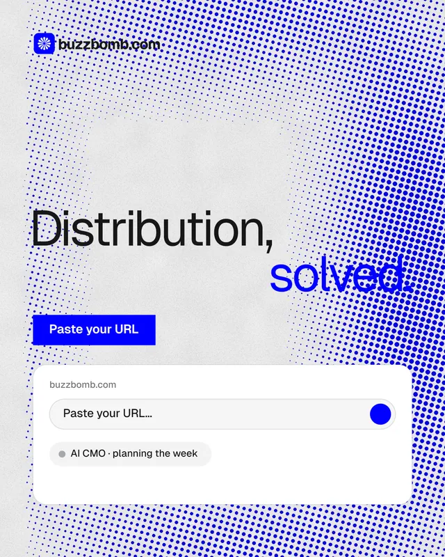 Instagram portrait post for BuzzBomb: "Distribution, solved." Swiss style, stacked layout, light palette in white, blue.