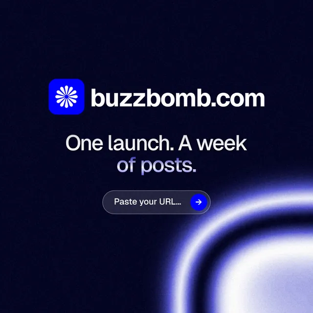Instagram post for BuzzBomb: "One launch. A week of posts." Agentic glass style, logo hero layout, dark palette in black, blue.