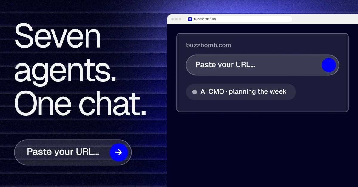 Social ad for BuzzBomb: "Seven agents. One chat." Agentic glass style, browser layout, dark palette in blue, black, grey.