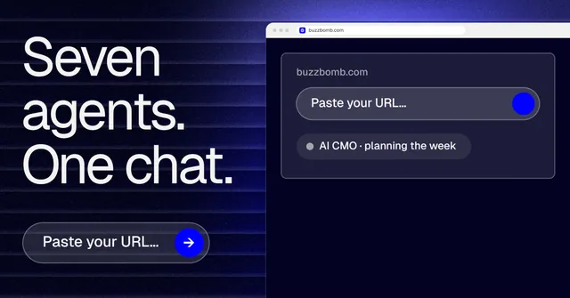 Social ad for BuzzBomb: "Seven agents. One chat." Agentic glass style, browser layout, dark palette in blue, black, grey.