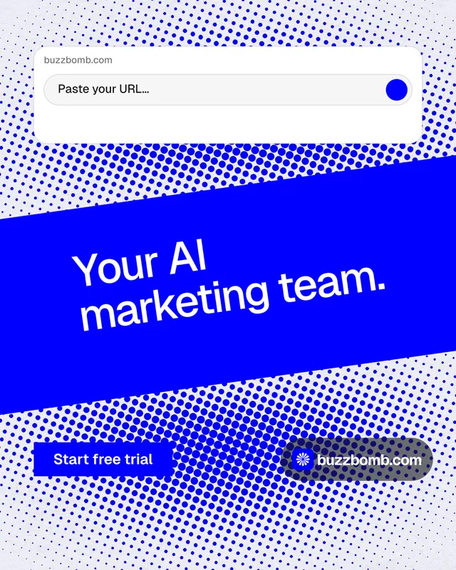 Instagram portrait post for BuzzBomb: "Your AI marketing team." Swiss style, diagonal layout, light palette in blue, white.