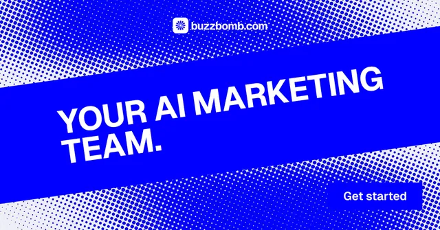 Social ad for BuzzBomb: "Your AI marketing team." Split block style, diagonal layout, dark palette in blue.