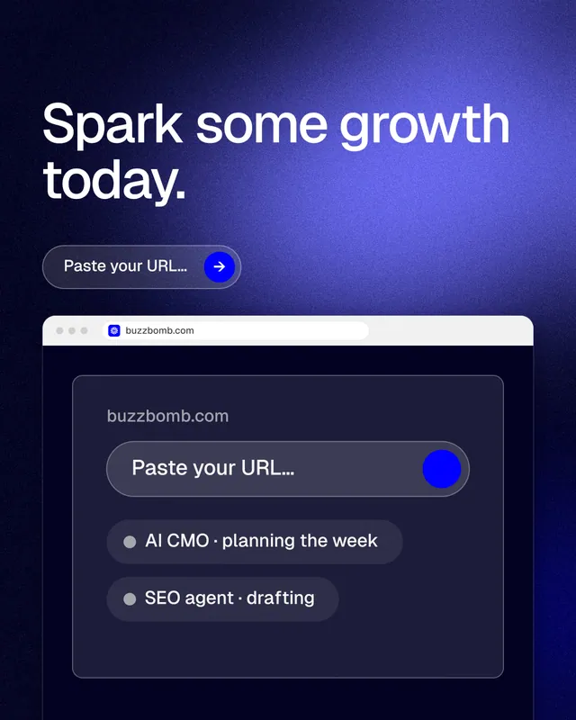 Instagram portrait post for BuzzBomb: "Spark some growth today." Agentic glass style, browser layout, dark palette in blue, black.