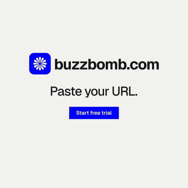 Instagram post for BuzzBomb: "Paste your URL." Swiss style, logo hero layout, light palette in white, blue.