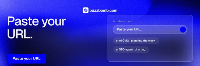 X header for BuzzBomb: "Paste your URL." Swiss style, bottom layout, dark palette in blue.