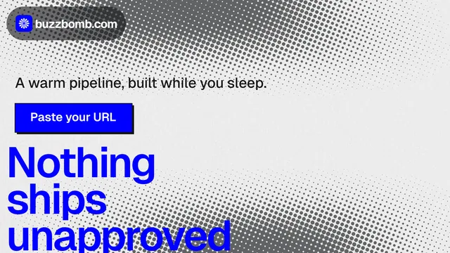 Landscape graphic for BuzzBomb: "Get a marketing team." Brutalist style, oversized layout, light palette in white, blue, grey.