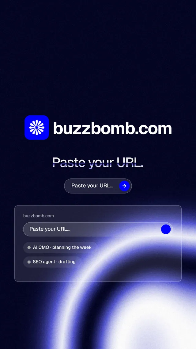 Instagram story for BuzzBomb: "Paste your URL." Agentic glass style, logo hero layout, dark palette in black, blue.