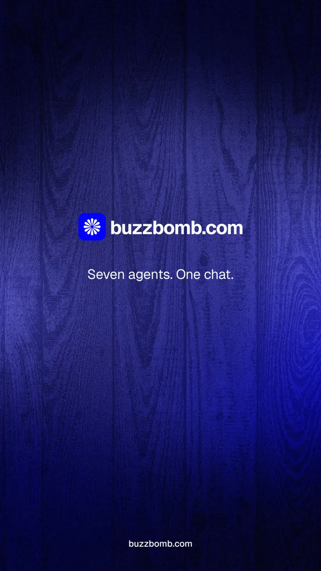 Instagram story for BuzzBomb: "Seven agents. One chat." Agentic glass style, end card layout, dark palette in black, blue.
