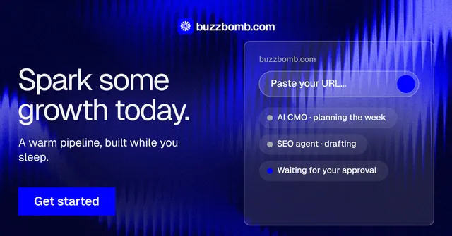 Social ad for BuzzBomb: "Spark some growth today." Swiss style, bottom layout, dark palette in blue.