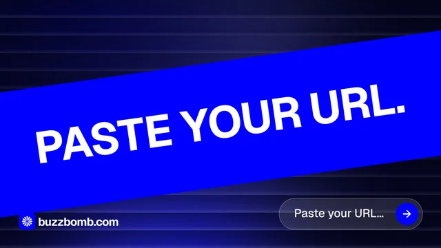 Landscape graphic for BuzzBomb: "Paste your URL." Agentic glass style, diagonal layout, dark palette in blue.
