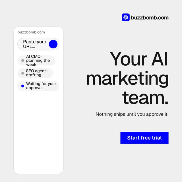 Instagram post for BuzzBomb: "Your AI marketing team." Swiss style, right layout, light palette in white, blue.