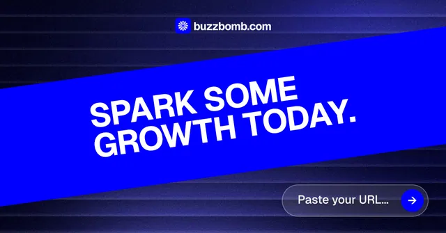 Social ad for BuzzBomb: "Spark some growth today." Agentic glass style, diagonal layout, dark palette in blue.