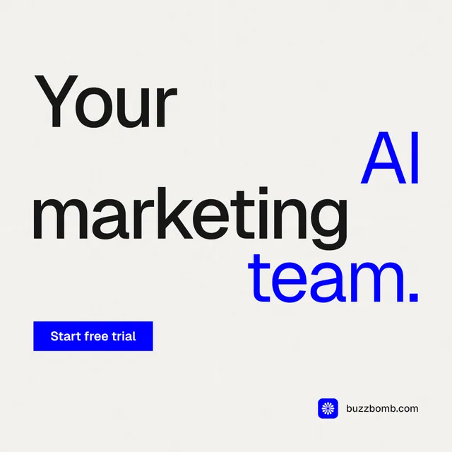Instagram post for BuzzBomb: "Your AI marketing team." Swiss style, stacked layout, light palette in white, blue.