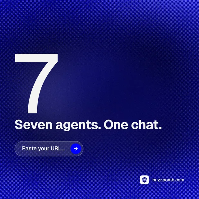 Instagram post for BuzzBomb: "Seven agents. One chat." Agentic glass style, stat layout, dark palette in blue.