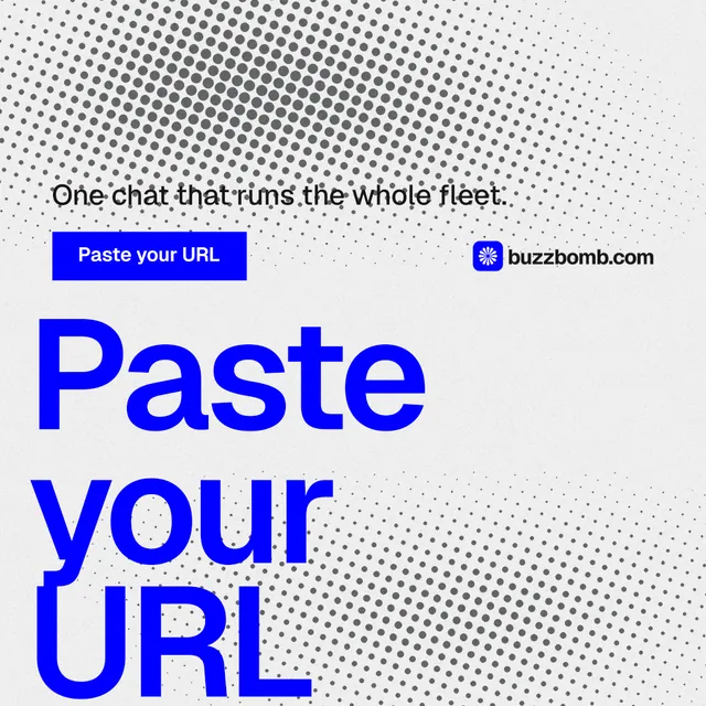 Instagram post for BuzzBomb: "Paste your URL." Swiss style, oversized layout, light palette in white, blue.