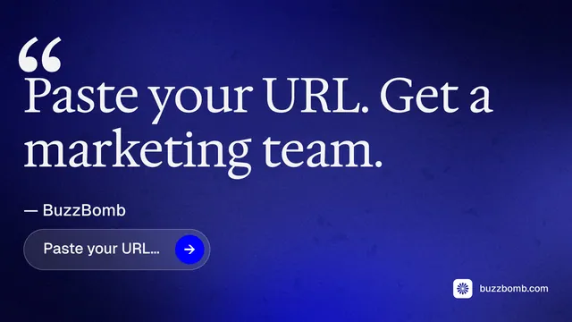 Landscape graphic for BuzzBomb: "Paste your URL." Agentic glass style, quote layout, dark palette in blue.