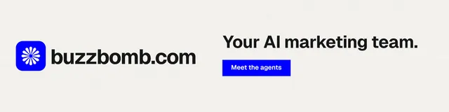 LinkedIn banner for BuzzBomb: "Your AI marketing team." Swiss style, logo hero layout, light palette in white, blue.