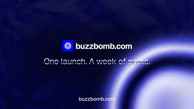 Landscape graphic for BuzzBomb: "One launch. A week of posts." Agentic glass style, end card layout, dark palette in blue, black.