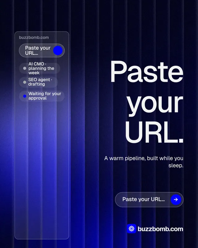 Instagram portrait post for BuzzBomb: "Paste your URL." Agentic glass style, right layout, dark palette in black, blue.