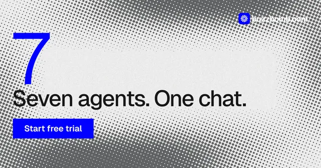 Social ad for BuzzBomb: "Seven agents. One chat." Swiss style, stat layout, light palette in grey, white.