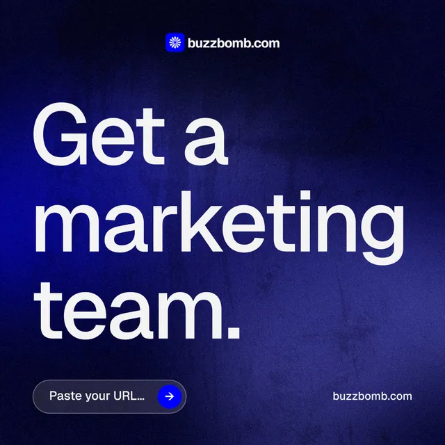 Instagram post for BuzzBomb: "Get a marketing team." Agentic glass style, poster layout, dark palette in black, blue, grey.