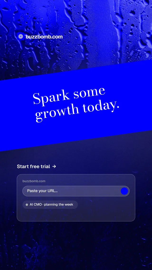 Instagram story for BuzzBomb: "Spark some growth today." Minimal luxury style, diagonal layout, dark palette in blue.