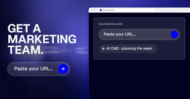 Social ad for BuzzBomb: "Get a marketing team." Agentic glass style, browser layout, dark palette in black, blue.