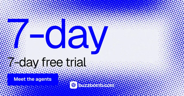 Social ad for BuzzBomb: "Your AI marketing team." Swiss style, stat layout, light palette in blue, white.