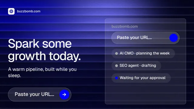 Landscape graphic for BuzzBomb: "Spark some growth today." Agentic glass style, bottom layout, dark palette in black, blue.