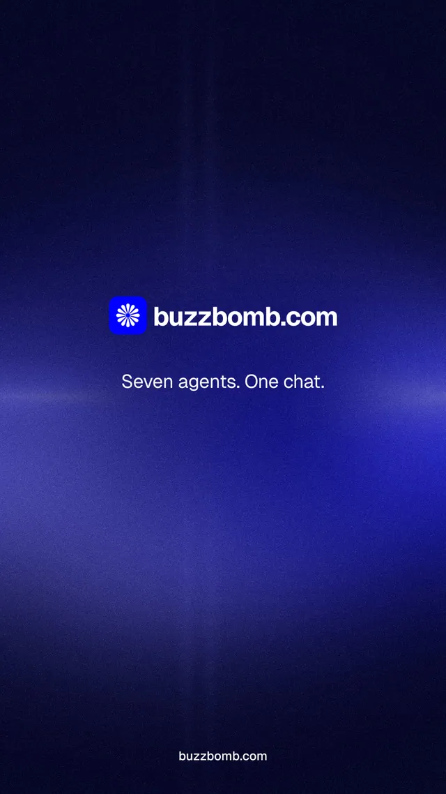 Instagram story for BuzzBomb: "Seven agents. One chat." Swiss style, end card layout, dark palette in black, blue.