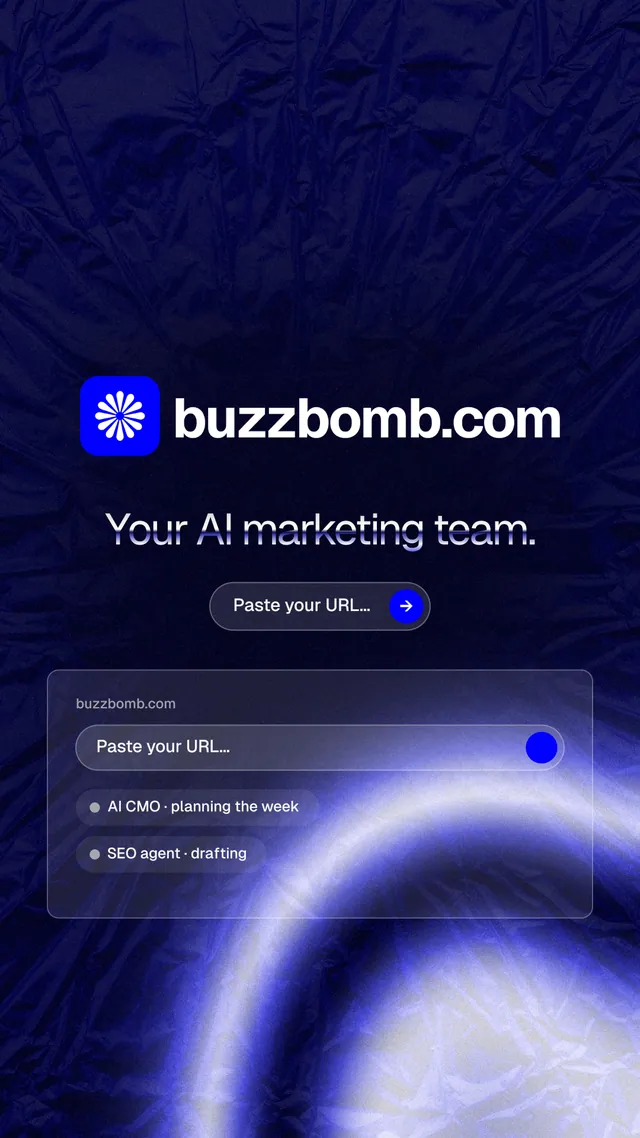 Instagram story for BuzzBomb: "Your AI marketing team." Agentic glass style, logo hero layout, dark palette in blue, black.