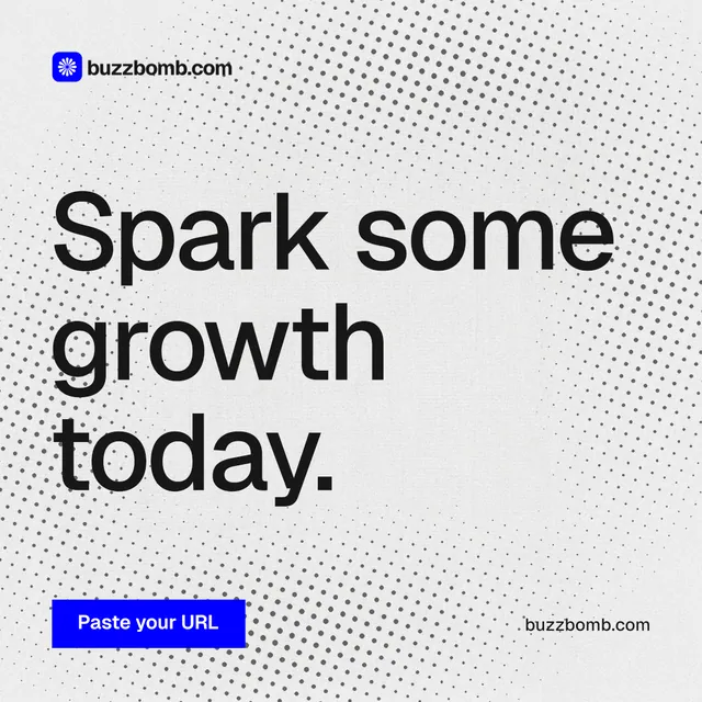 Instagram post for BuzzBomb: "Spark some growth today." Swiss style, poster layout, light palette in white, grey.