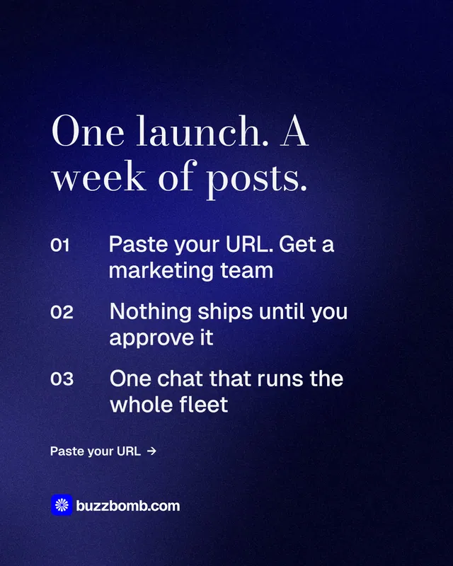 Instagram portrait post for BuzzBomb: "One launch. A week of posts." Minimal luxury style, numbered layout, dark palette in blue, black.
